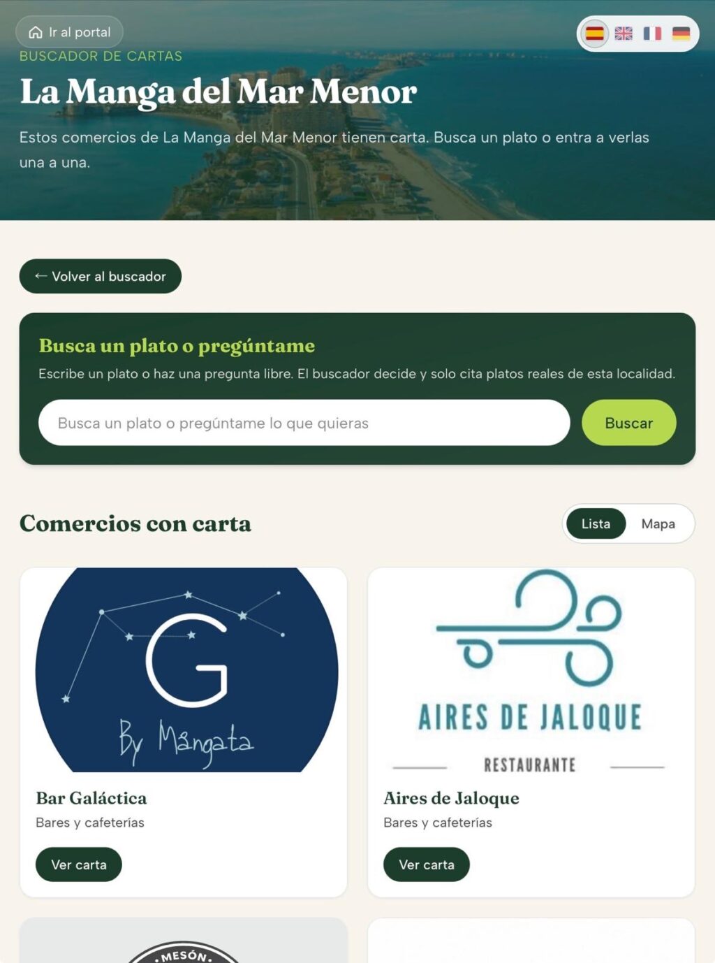 Buscador de cartas de restaurantes de La Manga con selector de idiomas en Tu Localidad