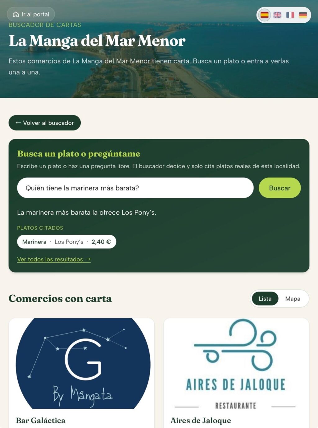 Comparador de Tu Localidad respondiendo a "¿Quién tiene la marinera más barata?" en La Manga