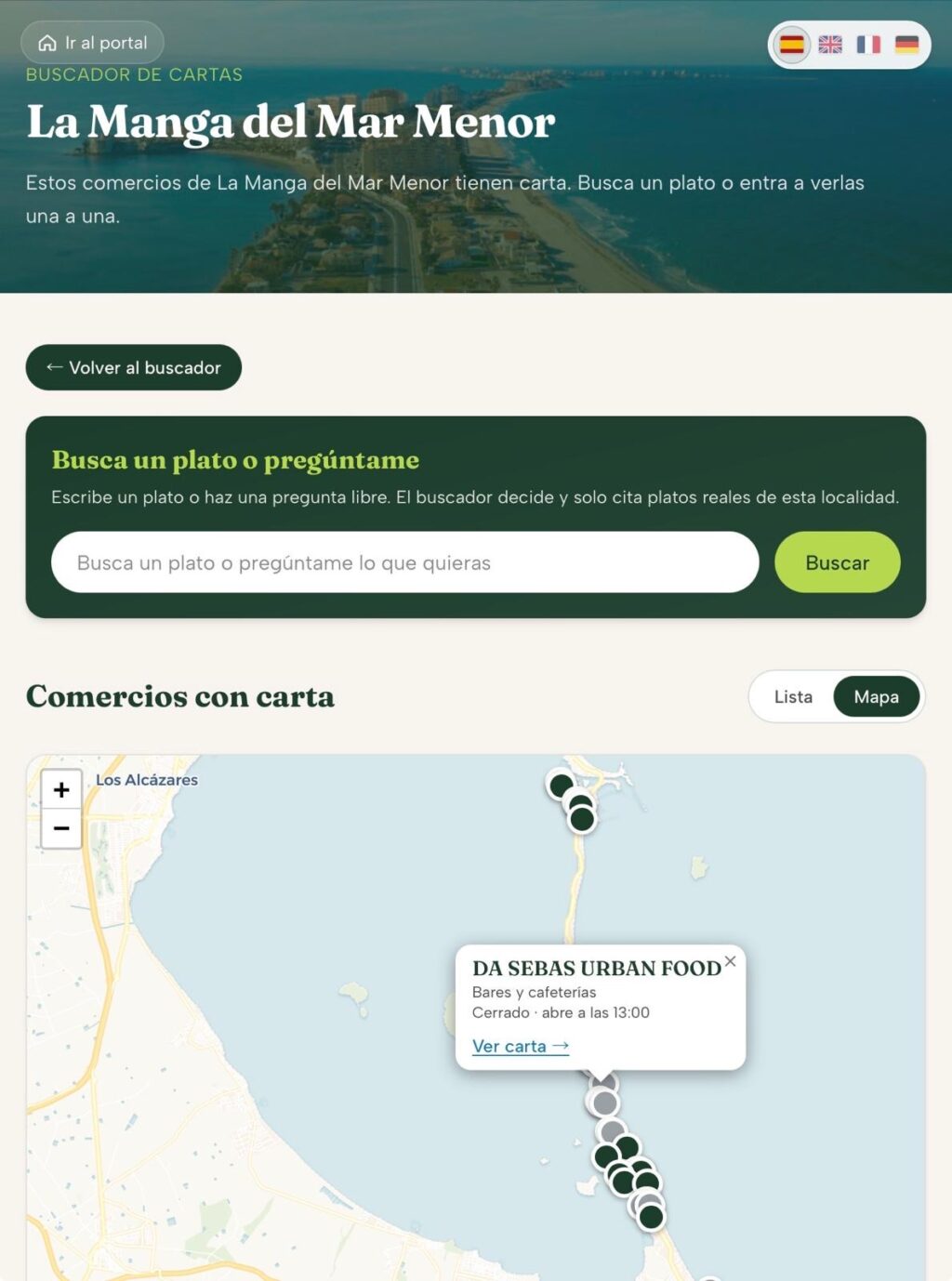 Mapa de restaurantes con carta digital a lo largo de La Manga del Mar Menor