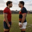 Dos jugadores de rugby frente a frente en el campo