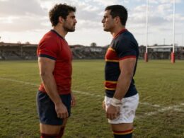 Dos jugadores de rugby frente a frente en el campo