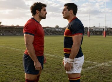 Dos jugadores de rugby frente a frente en el campo