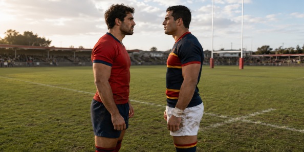 Dos jugadores de rugby frente a frente en el campo