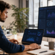 Analista revisa datos y gráficos en una oficina moderna