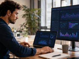 Analista revisa datos y gráficos en una oficina moderna