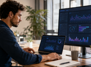 Analista revisa datos y gráficos en una oficina moderna
