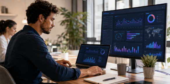 Analista revisa datos y gráficos en una oficina moderna